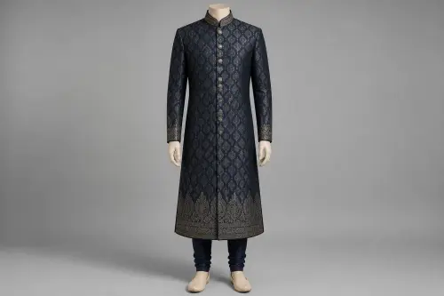 Navy Banarasi Sherwani – Men's Navy Banarasi Festive Sherwani + Churidar | Custom Tailored