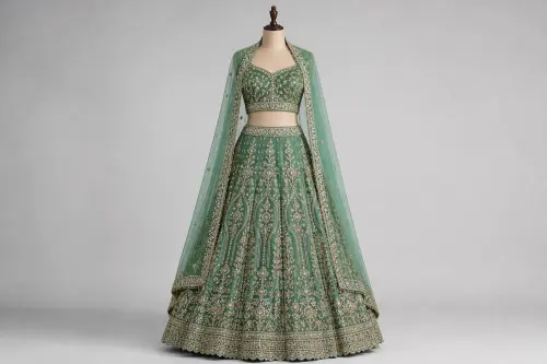 Jade Green Kundan Bridal Lehenga – Silk Satin Lehenga with Kundan | Custom Tailored