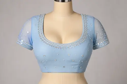 Sky Blue Mirror Moti U-Neck Blouse – Georgette Designer Blouse with Mirror and Pearls | Custom Tailored