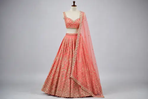 Coral Kundan Bridal Lehenga – Coral Silk Lehenga with Kundan and Pearl Work | Custom Tailored