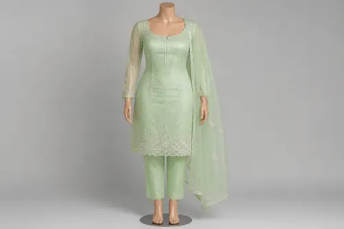 Mint Green Organza Salwar Kameez – Pastel Organza with Resham Piping | Custom Tailored