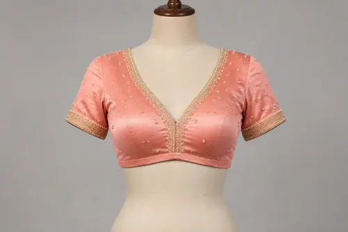 Peach Pink Moti Zari V-Neck Blouse – Silk Designer Blouse with Pearls and Gold Zari | Custom Tailored