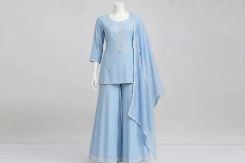 Powder Blue Palazzo Kurti Set – Powder Blue Rayon Kurti with Palazzo | Custom Tailored