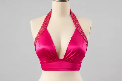 Hot Pink Sequin Halter Neck Blouse – Satin Designer Halter Blouse with Sequin Work | Custom Tailored