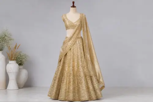 Gold Metallic Tissue Lehenga – Antique Gold Bridal Lehenga | Custom Tailored