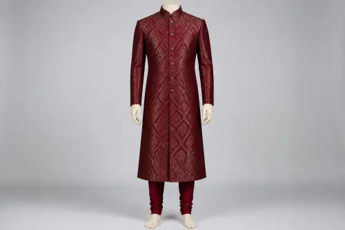 Maroon Banarasi Sherwani – Men's Maroon Banarasi Wedding Sherwani + Churidar | Custom Tailored