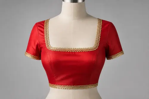Tomato Red Gota Lace Square Neck Blouse – Silk Designer Blouse with Gota Lace Border | Custom Tailored