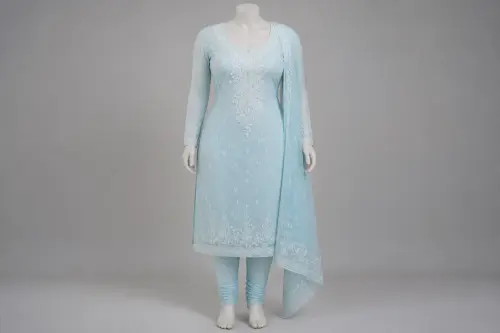 Powder Blue Chikankari Churidar Kameez – Sky Blue Lucknowi Cotton Set | Custom Tailored