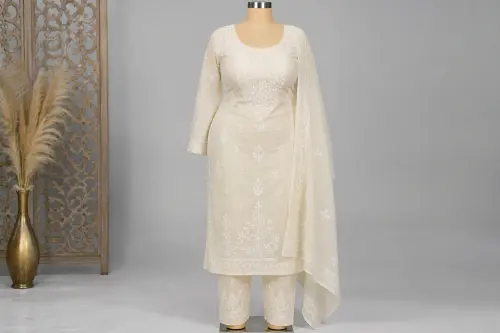 Ivory Chikankari Salwar Kameez – White Cotton Lucknowi Embroidery Set | Custom Tailored