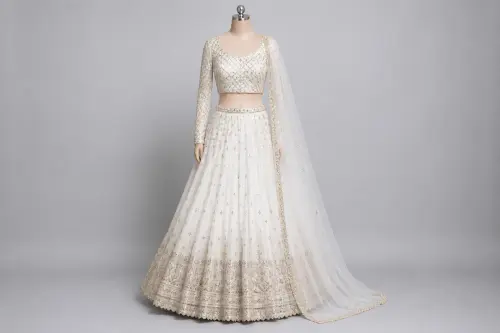 White Gold Reception Lehenga – White Georgette Lehenga with Silver-Gold Sequin | Custom Tailored