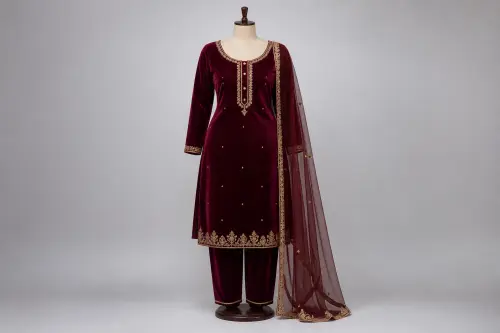 Maroon Velvet Festive Salwar Kameez – Deep Maroon Velvet with Gold Cord Piping | Custom Tailored