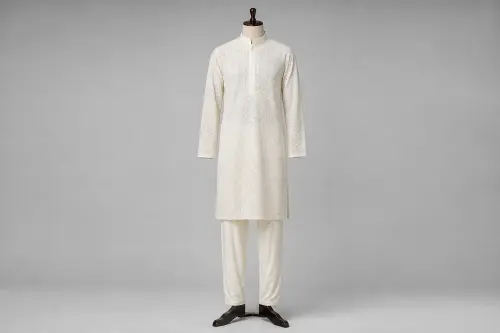 Ivory Chikankari Kurta Pajama – Men's Ivory Lucknowi Chikankari Set | Custom Tailored