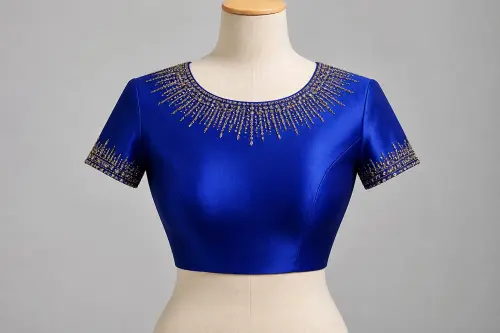 Royal Blue Cutdana Round Neck Blouse – Silk Designer Blouse with Cutdana and Beads | Custom Tailored