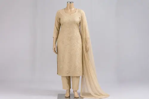 Sand Beige Dori Work Salwar Kameez – Raw Silk with Cord Embroidery | Custom Tailored