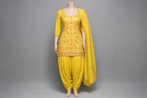 Lemon Yellow Phulkari Patiala Kameez – Silk Cotton with Geometric Stitch | Custom Tailored