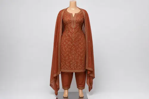 Rust Aari Embroidered Salwar Kameez – Terracotta Cotton-Silk with Thread Work | Custom Tailored