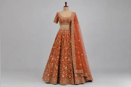 Rust Aari Embroidered Lehenga – Silk Lehenga with Kashmiri Aari Work | Custom Tailored