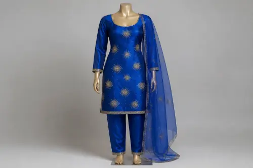 Royal Blue Cutdana Salwar Kameez – Satin Kameez with Bead Sunburst | Custom Tailored
