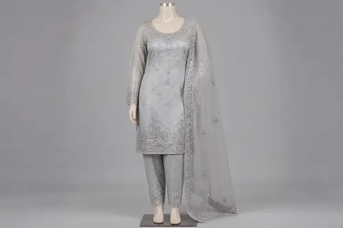 Silver Grey Crystal Salwar Kameez – Organza with Crystal and Sequin | Custom Tailored