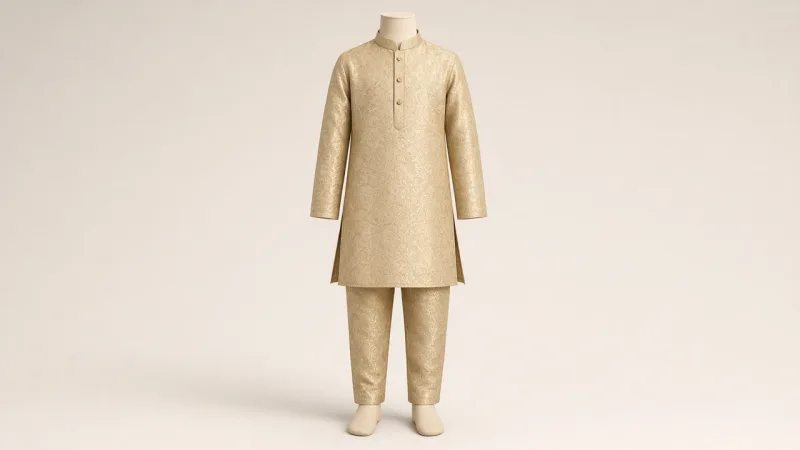 Gold Brocade Festive Kurta Set – Boys' Gold Brocade Wedding Kurta Pajama | Custom Tailored Kids