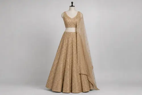 Sand Beige Dori Work Lehenga – Raw Silk Lehenga with Cord Embroidery | Custom Tailored