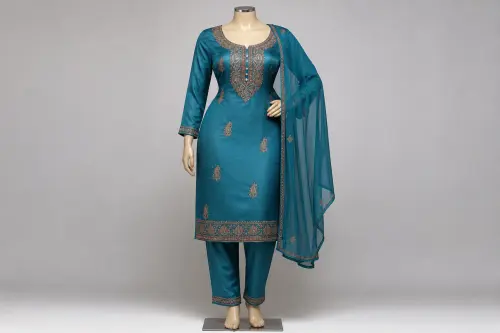 Teal Resham Floral Salwar Kameez – Dupion Silk with Paisley Embroidery | Custom Tailored