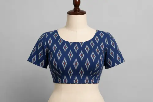 Indigo Ikat Weave Blouse – Handloom Cotton Silk Round Neck Blouse | Custom Tailored