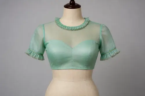 Sea Green Organza Ruffle Neck Blouse – Designer Organza Blouse with Ruffle Neckline | Custom Tailored
