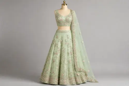 Mint Green Organza Lehenga – Pastel Lehenga with Resham Floral Work | Custom Tailored