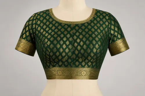 Forest Green Banarasi Brocade Blouse – Silk Brocade Round Neck Designer Blouse | Custom Tailored