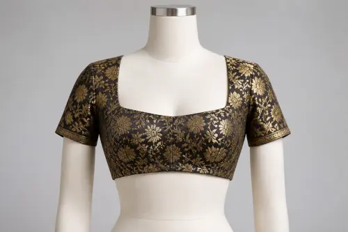 Black Gold Brocade Square Neck Blouse – Silk Brocade Designer Blouse | Custom Tailored