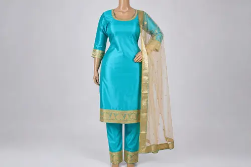 Turquoise Zari Temple Salwar Kameez – Aqua Silk Satin with Gold Border | Custom Tailored