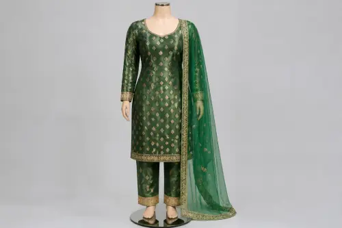 Forest Green Banarasi Salwar Kameez – Silk Brocade with Gold Butis | Custom Tailored