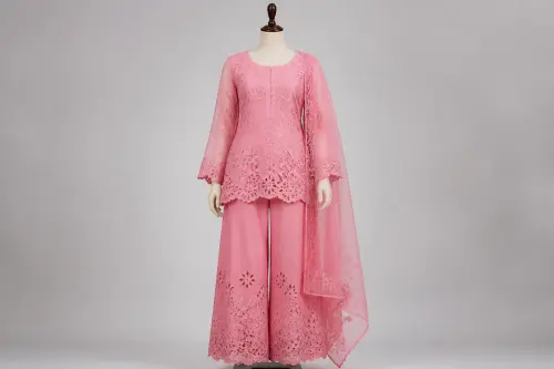 Rose Pink Cutwork Kurti Set – Rose Pink Organza with Lining Kurti with Palazzo | Custom Tailored