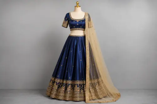 Midnight Navy Zari Lehenga – Navy Silk Satin Lehenga with Gold Temple Border | Custom Tailored