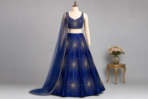 Royal Blue Cutdana Lehenga – Satin Lehenga with Bead Sunburst | Custom Tailored