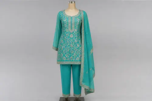 Turquoise Resham Kurti Set – Turquoise Dupion Silk Kurti with Straight pants | Custom Tailored