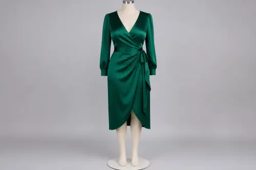Emerald Wrap Dress – Emerald Green Satin Wrap Midi | Custom Tailored