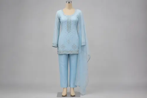 Sky Blue Mirror Moti Kurti Set – Sky Blue Georgette with Lining Kurti with Straight pants | Custom Tailored