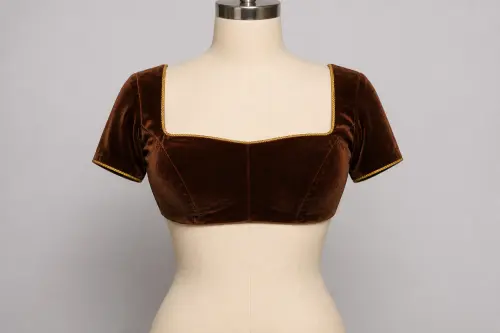 Chocolate Brown Velvet Square Neck Blouse – Designer Velvet Blouse with Gold Cord | Custom Tailored