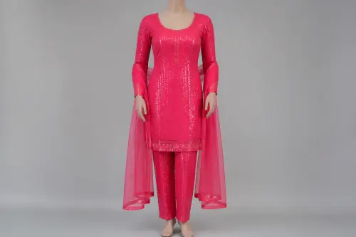 Hot Pink Sequin Party Salwar Kameez – Fuchsia Satin Party Wear Set | Custom Tailored