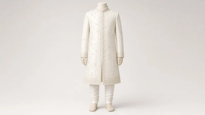 White Pearl Work Wedding Guest Sherwani – Boys' White Pearl Work Wedding Guest Sherwani + Churidar | Custom Tailored Kids