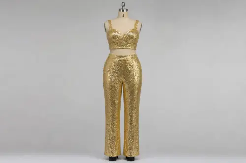 Gold Sequin Co-ord Set – Gold Sequin Crop Top with Straight Pants | Custom Tailored