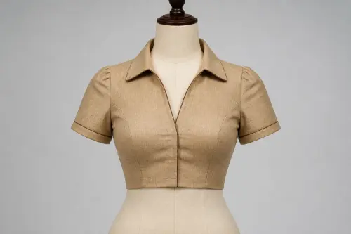 Sand Beige Raw Silk Collared Blouse – Designer Collar Blouse with Contrast Piping | Custom Tailored