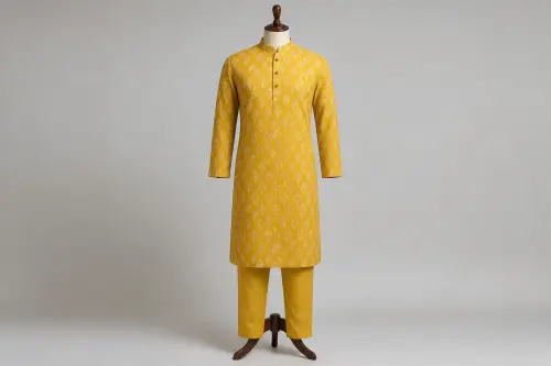 Mustard Block Print Kurta Pajama – Men's Mustard Block Print Set | Custom Tailored