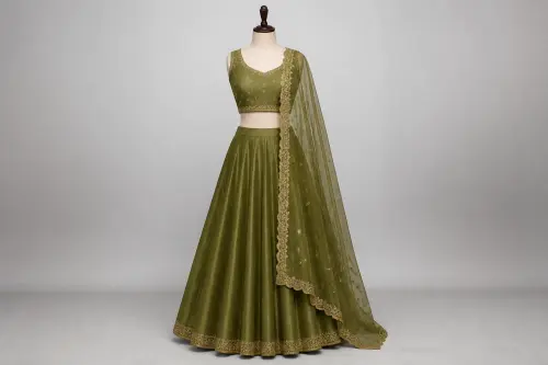 Olive Green Raw Silk Lehenga – Earthy Silk Lehenga with Minimal Zari | Custom Tailored