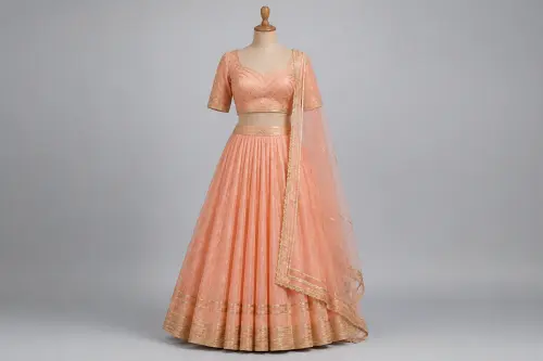 Peach Gota Patti Festive Lehenga – Soft Peach Silk Lehenga with Gold Gota Work | Custom Tailored