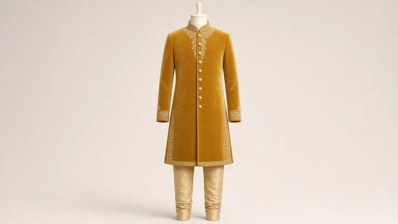 Gold Velvet Celebration Sherwani – Boys' Gold Velvet Celebration Sherwani + Churidar | Custom Tailored Kids