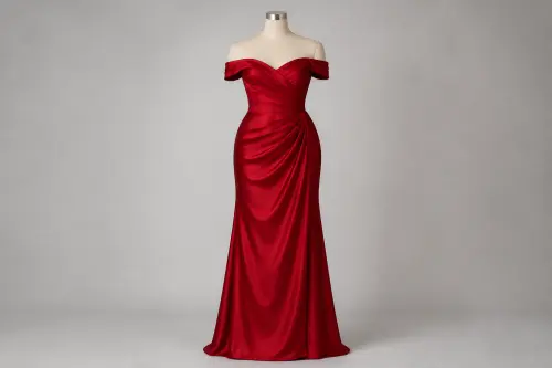 Red Off-Shoulder Gown – Red Satin Off-Shoulder Floor-Length Gown | Custom Tailored
