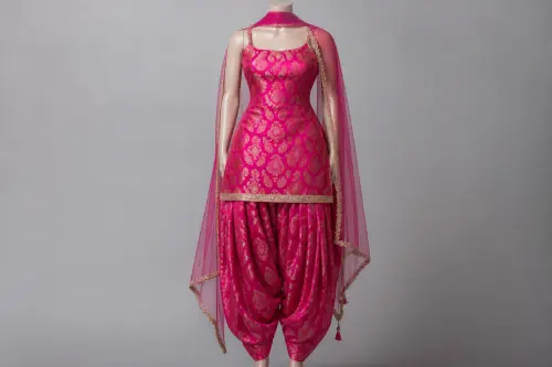 Fuchsia Brocade Patiala Kameez – Hot Pink Brocade with Gold Zari Paisley | Custom Tailored